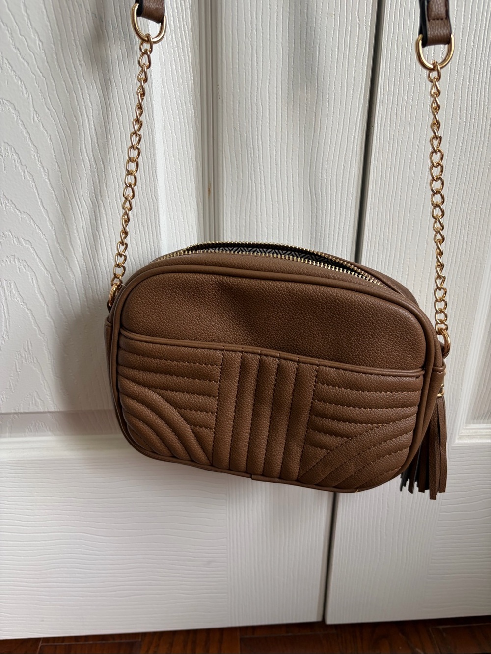 Quilted Brown Crossbody Bag with Tassel Accent